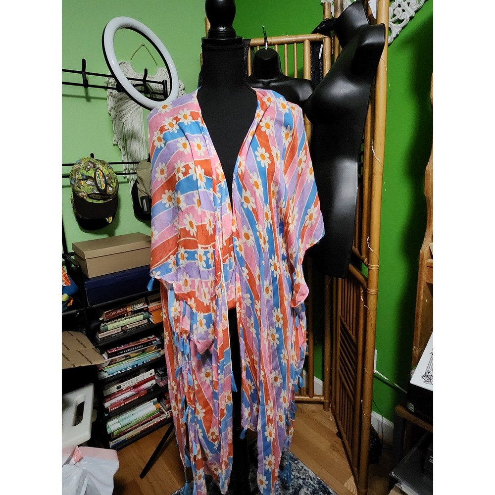 Katy Did Womens Retro Daisy Floral Striped Kimono Wrap Fringe Trim Cover Up New